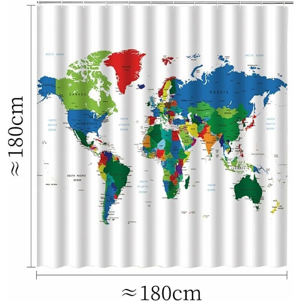 Bruseforhæng med verdenskortmotiv, geografisk, vandtæt, anti-mug, vaskbart, badeværelsesforhæng med 12 ringe i anti-svampe polyesterstof