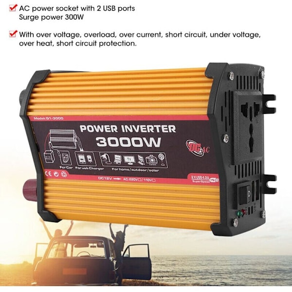 300W Bil Power Inverter, Dobbelt USB Bil Inverter Auto Power Converter Modificeret Sinusbølge Adapter Spændingsomformer