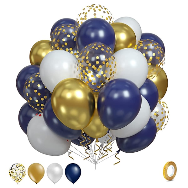 60 stykker marineblå og gullballonger, 12 tommers metallisk kromgull og konfetti lateksballonger, festballongsett for guttebursdag, bryllup, baby