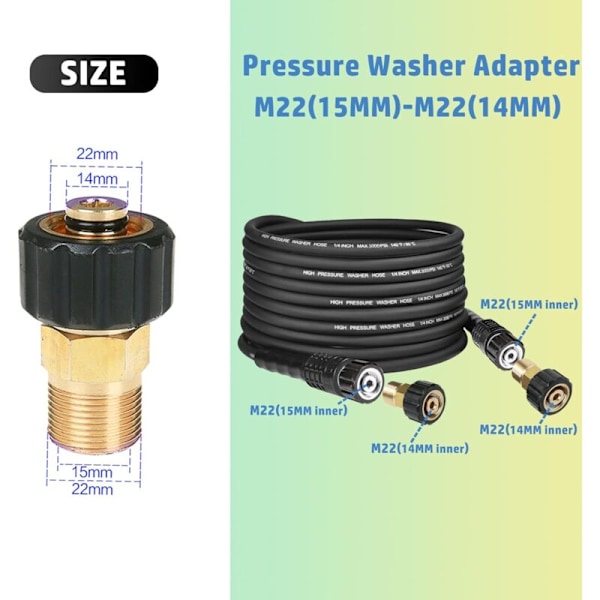 8 stk. højtryksrenser tilbehør, højtryksrenser adapter kit, vaskemaskine tryk adapter messing sæt til rør og pumper, M22-14 hunhane + 3/8