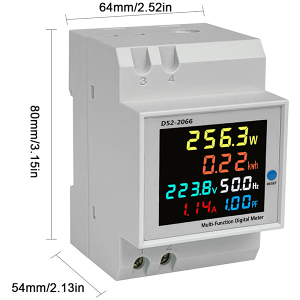 DIN-skena Multifunktionsräknare D52-2066, färgstark LCD-skärm, spänning, ström, aktiv effekt, frekvens, mätning av elektrisk energi, övervakningsenhet