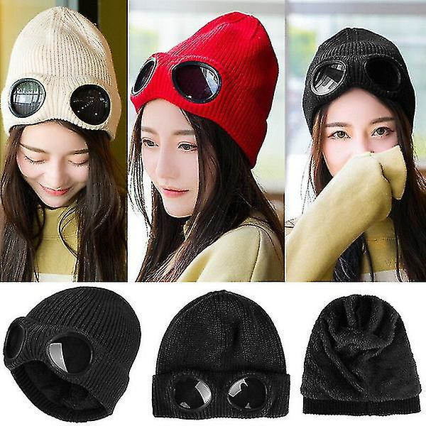 Unisex Vinter Varmt Uldstrikkede Tyk Hue Hat Briller Hue Cap Sort