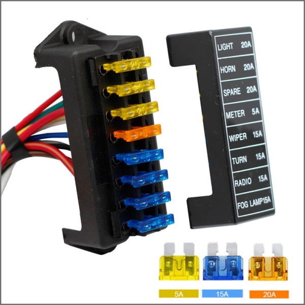 Premium 8 Way Fuse Box with Cables, Universal Standard Blade Fuse Holder, Car Fuse Block, with Free Standard Blade Fuses