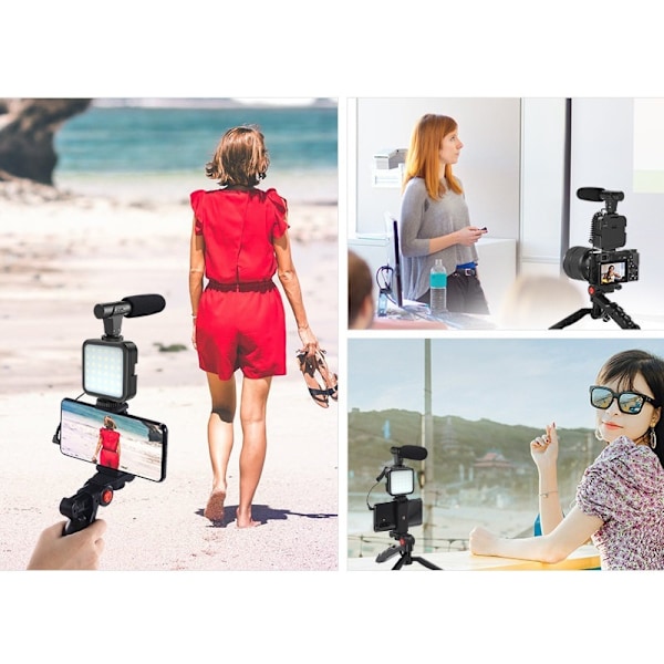 Smartphone Vlogging Videokit med Stativ Mikrofon LED-Ljus Telefonhållare