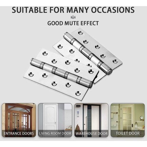 Dørhengsel i rustfritt stål, 2 stk dørhengsler, sammenleggbare hengsler, rustfritt stålhengsler, 3 mm tykkelse hengsel, for innvendige massive dører (sølv)