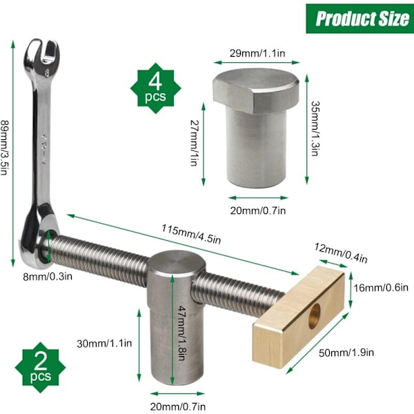 Set med 2 tvingar för snickarbord, snabbfästande set, justerbar skrivbordsklämma med 4 bänkstöd, Etau Column Tools Carpentry, för 20 mm hål i snickeri