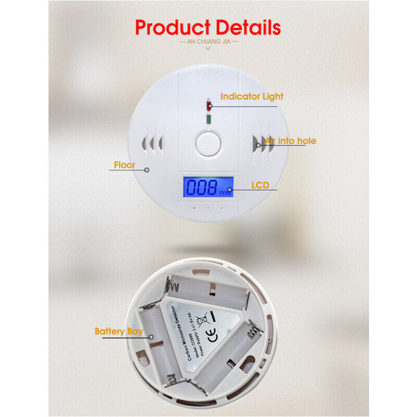 2x Kolmonoxid CO Gasdetektor Alarmvarning, CO Alarmdetektor med Digital Display, för 85db Högt Alarm i Hemmet, Kontoret (Batteri Ingår Ej)