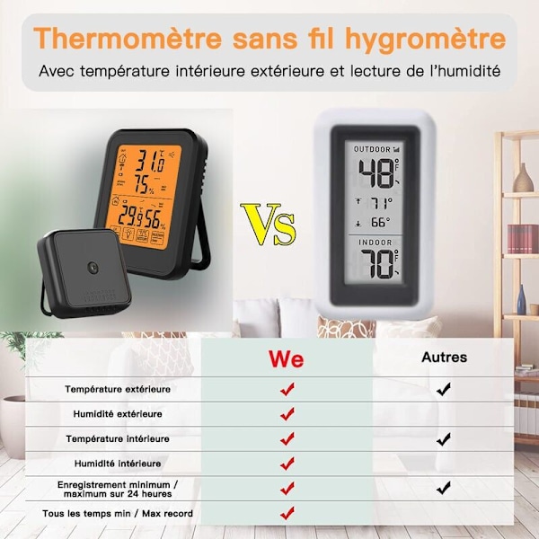 Digital hygrometertermometer, inomhus- och utomhushygrometertermometer med trådlös utomhussensor, svart