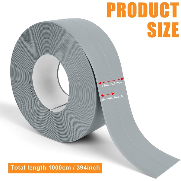 Baderomstett, 3,2m*3,8cm Selvklebende Tetningslist, Selvklebende PVC Tetningsbånd for Badekar, Bad, Kjøkken, Muggsikker, Fuget (Grå)