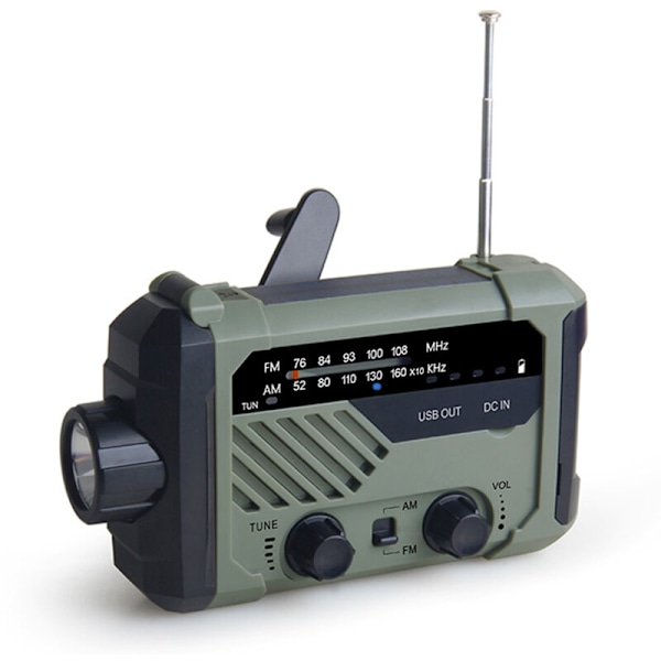 FM AM digitalradio, utendørs nødlampe, sveiv solradio, lommelykt, LED leselampe, SOS-alarm, 2000 mAh batteri, USB-utgang