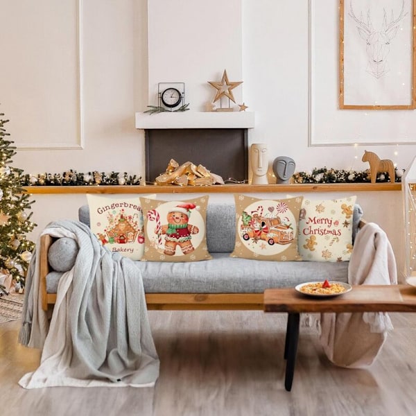 4 Stykker Julepude Pudebetræk Peberkage 45 x 45 cm Lastbil Julebageri Polyester Dekorativt Pudebetræk Til Sofa Soveværelse Hjem Vinterdekoration