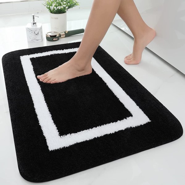 Skridsikker bademåtte, blød mikrofiber bademåtte, absorberende bademåtte med lang luv, maskinvaskbar - 40 x 60 cm - Sort