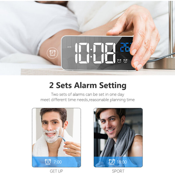 LED digital väckarklocka för sovrum, elektronisk klocka med termometer, 2 alarm, snooze-funktion, 4 ljusstyrkenivåer, spegelklocka, USB-laddning för