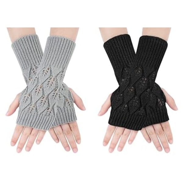 2 par stickade fingerhandskar, varma vinterhandskar för kvinnor, halvfingerstickade vantar