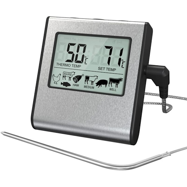 Digital Kötttermometer med Stor LCD-Display för Rökugn Kök Godis BBQ Grilltermometer med Timer och Rostfritt Stål Temperatur