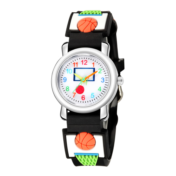 Børne ur (sort, basketball), børne vandtæt armbåndsur kvarts urværk, 3D tegneserie design, digitalt børneur til 3 år til 11 år gammel pige dreng