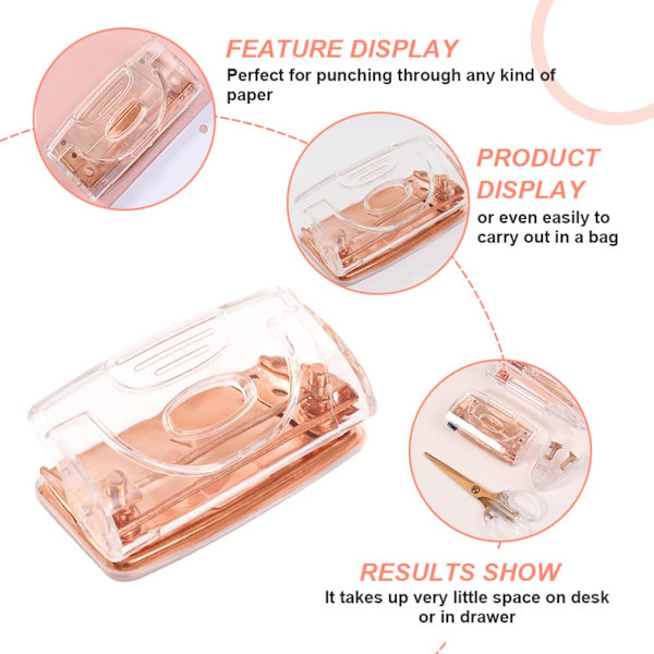 2 Hålslag Dubbel Hålslag Transparent Omslag Papper Hålslag Papper Hålslag Verktyg Papper Kort Fil Dokument Kontorsmaterial (Roséguld)