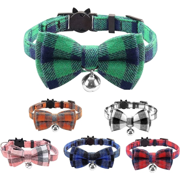 6 Pack Cat Collars with Bell and Bowknot Safety Buckle Quick Release Pet Collar Soft Tartan Cute Plaid Adjustable for Cat Kitten Puppy 6 Pack