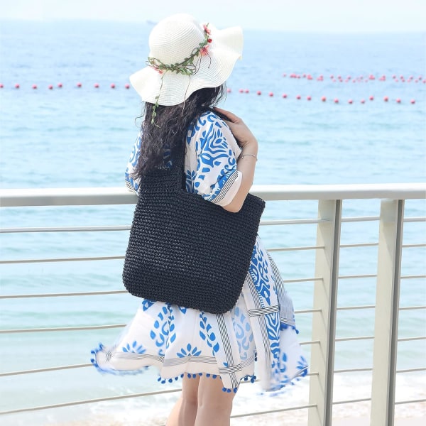 Musta naisten olkiolkalaukku iso koko kesän Beach Wove -laukku