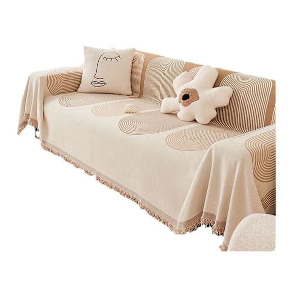 Vendbar sofabetræk i chenille, sofabetræk til hunde, beskyttelse af multifunktionel sofa, geometrisk linjemønster, skridsikker, med pompon (colo