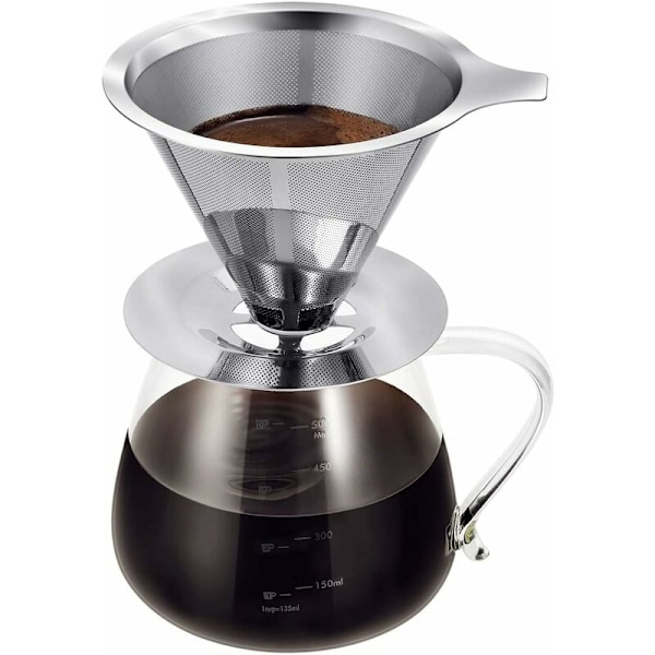 Dobbelt filterkop i rustfrit stål (medium base, kaffemaskine ikke inkluderet), papirfrit anti-rust filter, manuelt filter, glas dryp kaffemaskine, co