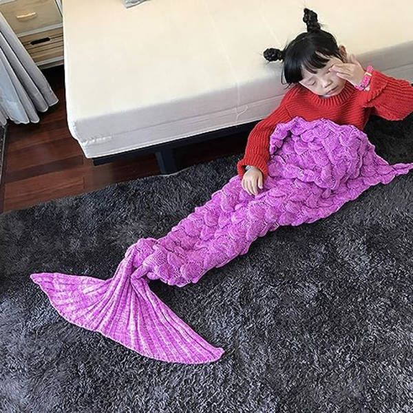Sjøjungfruhaleteppe, 140 x 70 cm, mørk rosa, varmt sofa-sengteppe til alle årstider, quiltet stueteppe, sovepose for barn, fiskeskjell