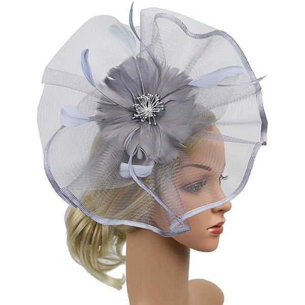 (Grå) mesh bröllop bikini hatt kreativa modeller bal hårsnodd dubbelanvändning hårsnodd överdrivna fjäder bowler hatt bröllop huvudbonad foto hår pro