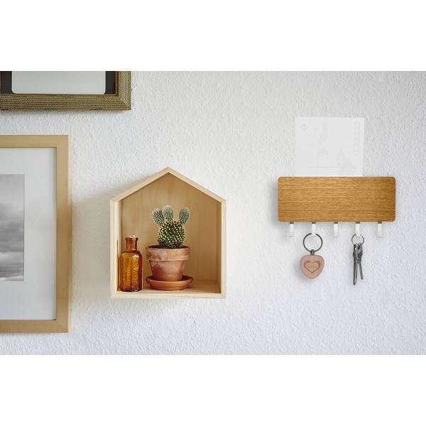 1 stk, hvit bambusplate - vegg nøkkelkrok, brev- og nøkkelholder, arrangør, veggmontert, med 5 nøkkelkroker, for hjem og kontor.