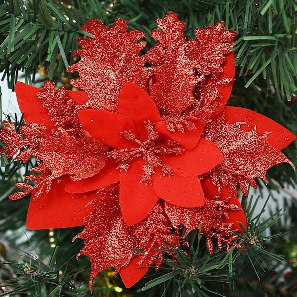 10 stk Kunstige Julerosa Juleblomsterdekorasjoner med Klips og Stilker Glitter Julerosa Dekorasjoner for Juletrepynt