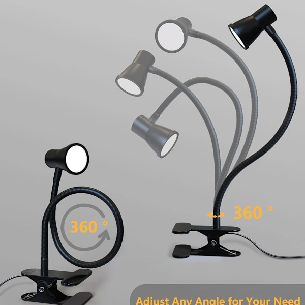 Klippbar lampa USB-läslampa Ögonskydd Klippbar lampa Flexibel svanhals Dimbar läslampa Klippbar lampa för sänggavel Skrivbord Sängbord (Svart)