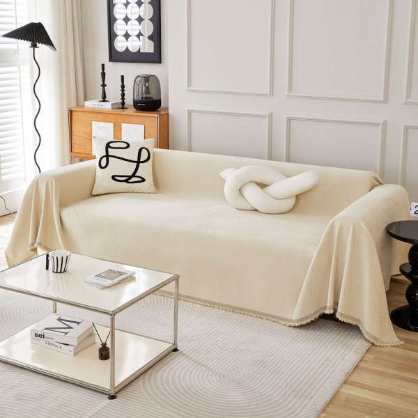 Mjuk texturerad, tvättbar dekorativ sofföverdrag för 2-sits soffor med tofsar, möbelskydd för husdjur, barn (beige)
