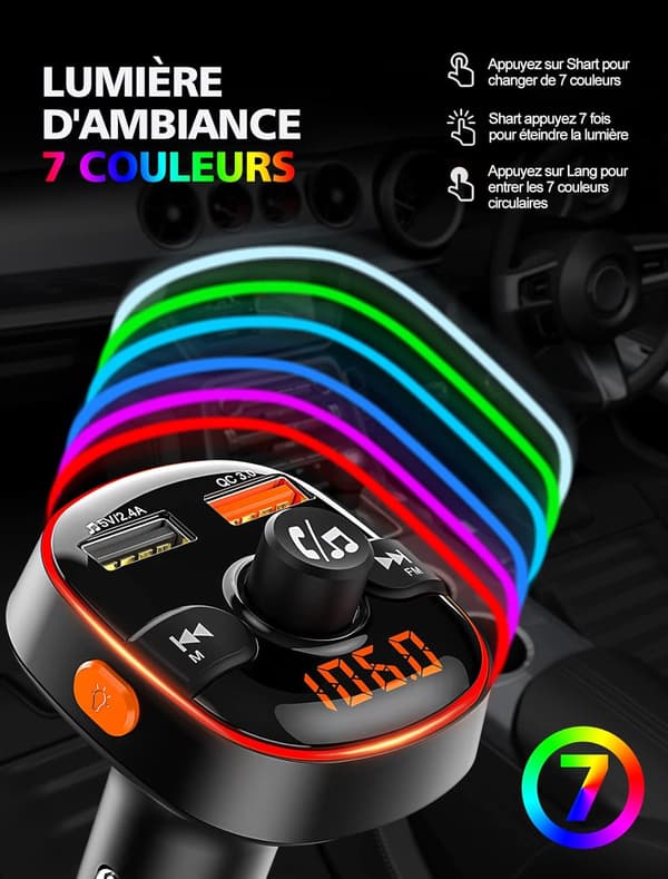 Bluetooth-bil, hurtiglading QC3.0 Bluetooth 5.0 FM-sender med 7 farger LED-bakgrunnsbelysning 2 USB-porter, Bluetooth-biladapter håndfri samtale Suppor