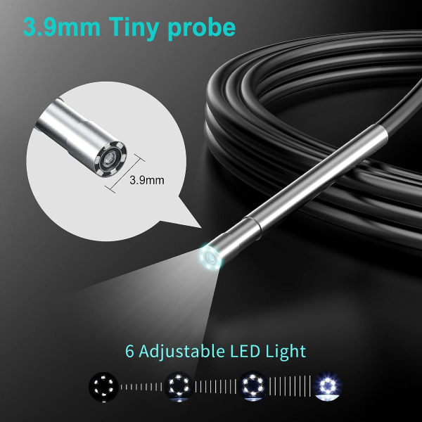 Industriell boroskop, 1080P HD digital boroskop, 4,3 tums skärm, 3,9 mm IP67 vattentät inspektionskamera med 6 LED-lampor, halvstyv kabel, (5M)