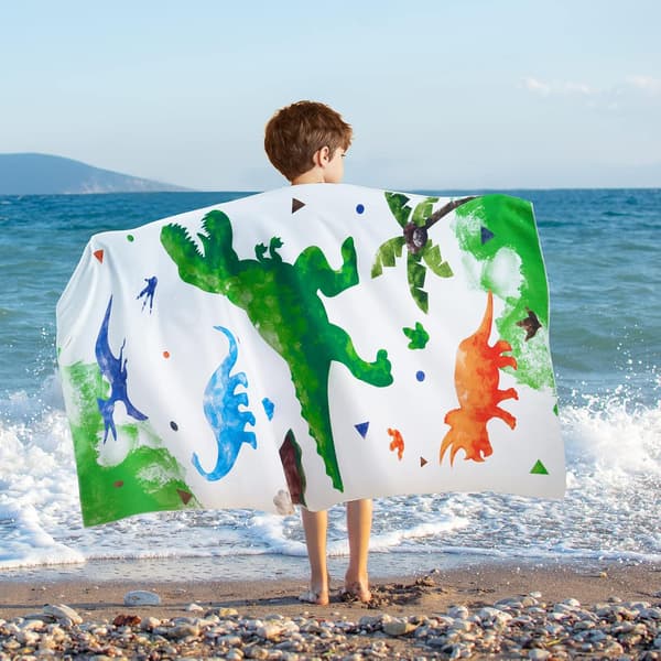 Strandhåndklæde - 76 x 150 cm Campinghåndklæder (Hvid, Dinosaur C004)