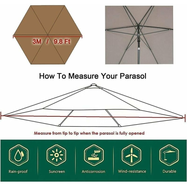 Parasol erstatningsbetræk - 6 ribben - 3 M - Vandtæt - Anti-ultraviolet - Erstatningsstof (3M / 9,8Ft,Khaki)