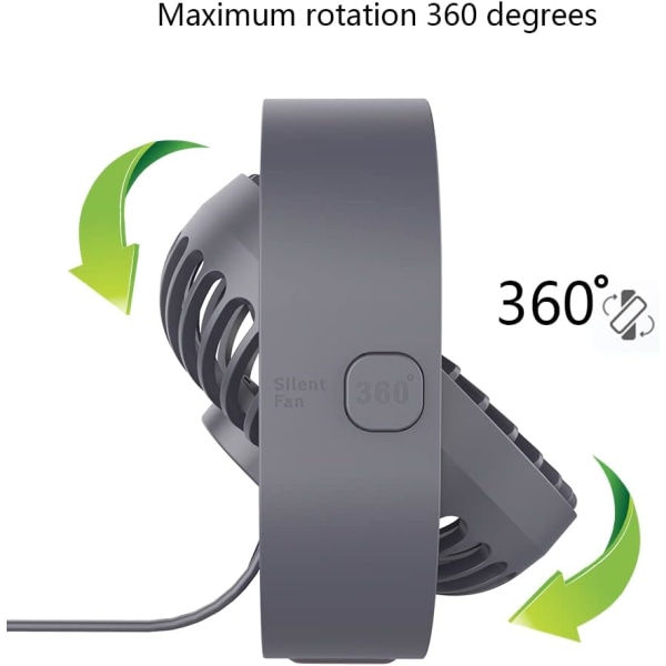 USB-bordvifte, 4 tommer ultra-stille mini bærbar vifte, 360° opp og ned, tre hastigheter, egnet for kontor, familie (grå)