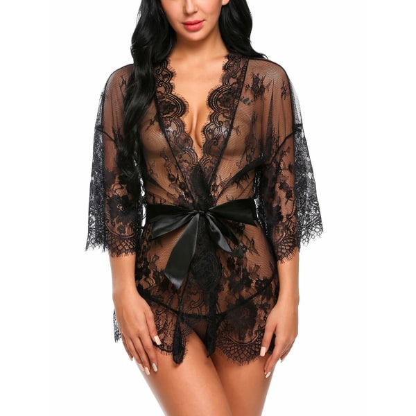 Spets Kimono Robe Babydoll Lingerie Mesh Nattlinne M