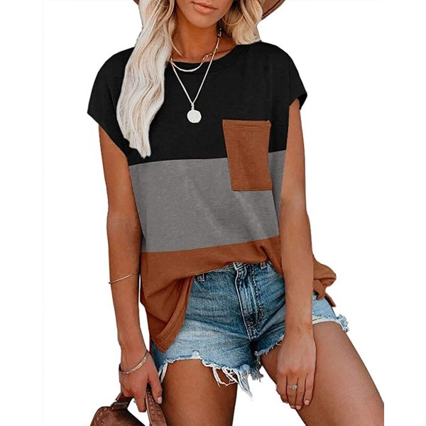 Kvinners sommer casual topper basic løs cap sleeve t-skjorter ensfarget bluse med lomme（L）