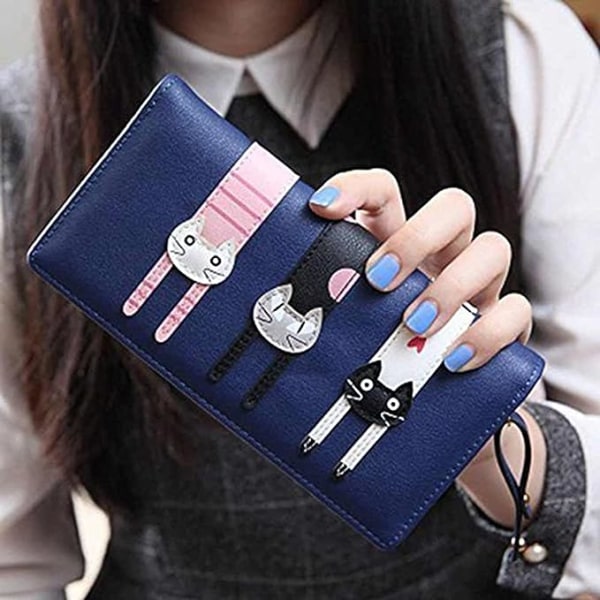 (Mörkblå) Mini Konstläder-Lång Bifold-Söt 3 Katter-Dragkedja Koppling-Handväska-Kvinna-Present