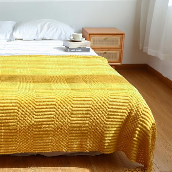 Geometrisk jacquardpledd - lett sofatrekk med dusk, dekorativt sengeteppe, allsidig sofahåndkle, størrelse 127x172 cm, gul