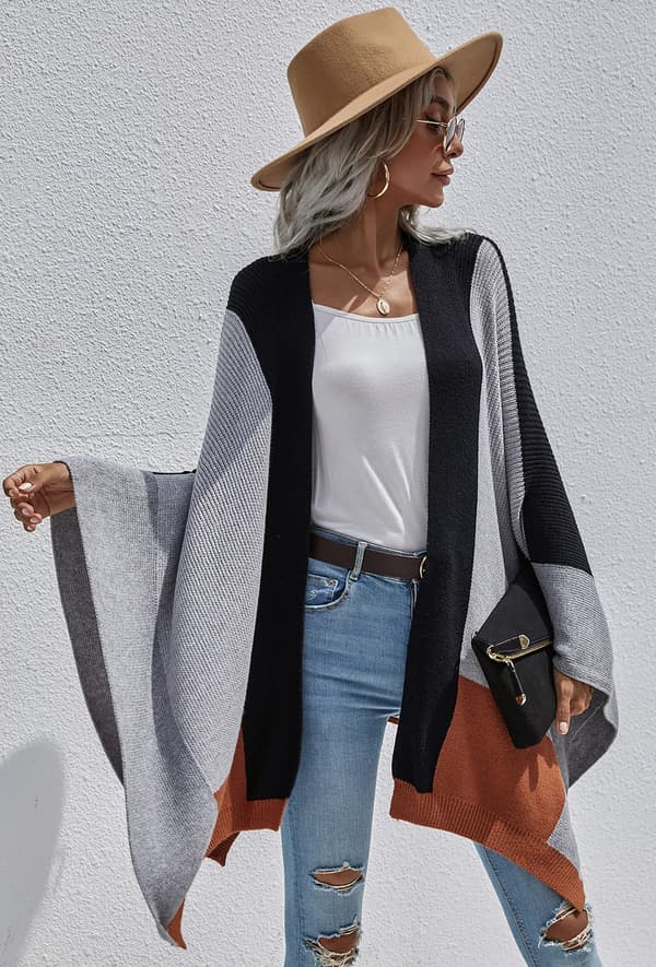 Kvindernes Boho Buffalo Plaid Cape Cashmere Shawl Cardigan Vintertæppe Frakke, Sort