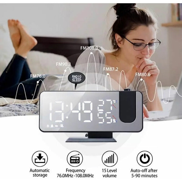 Vakna till projektion, digital väckarklocka med projektion, radioväckarklocka med USB-anslutning, stor LED-skärm, dubbel snooze-alarm, projekt