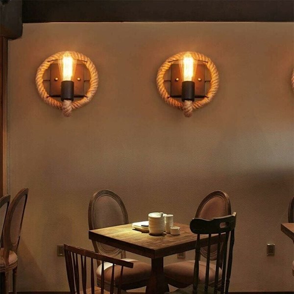 Væglampe til soveværelse, vintage retro hamp reb væglampe, amerikansk stil, industriel jernlampe til barer, lofter, restauranter, haller, balkoner - RWWall Light