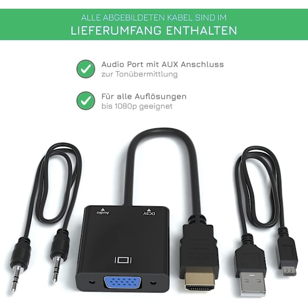 1080P HDMI till VGA-adapter, omvandlare (hane till hona) med ljudkabel och Micro USB-laddningskabel för PC, bärbar dator, projektor, HDTV, PS4/3 Xbox