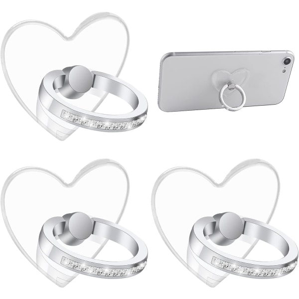 3-pack mobiltelefon holderringe (hjerteform) 360° rotation diamantring kompatibel med smartphones