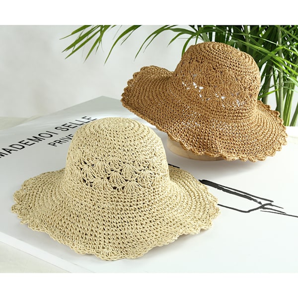 Solhat til kvinder med bred skygge, UV-beskyttelse, sommerhat, foldbar strandhat til fritid og rejser, beige
