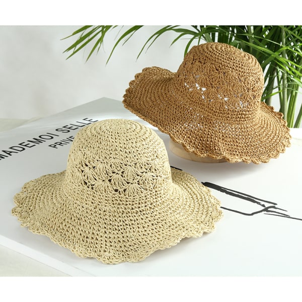 Solhatt for kvinner med bred brem, UV-beskyttelse, sommer, sammenleggbar strandhatt for fritid og reiser, beige