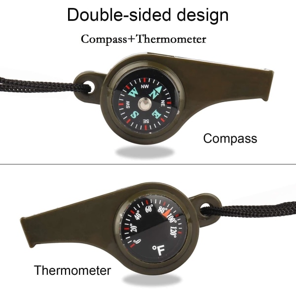 Nödöverlevnadsvisselpipa 2-pack, 3-i-1 visselpipa med kompass och termometer, högt och säkert med snöre, lämplig för utomhusvandring, camping, bo