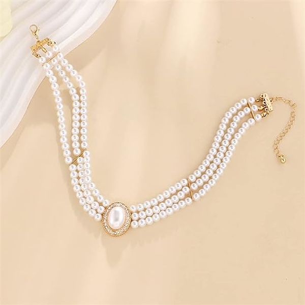 Perle Choker Halskæde, 3-rækker Choker Ring Simulering Perle Rhodium Platering Elegant Charm Dame Halskæde Multi lag Choker Ring Kæde Cirkulær Bryllup