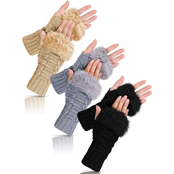 3 par fingerløse vinterhansker i imitert pels, heklet, termiske, mellomlange, med tommelhull